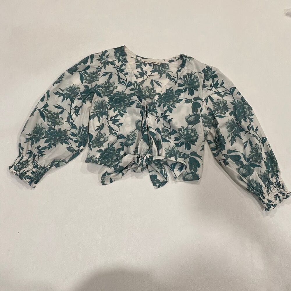 Abercrombie & Fitch Women’s Blouse Size L Green Floral Tie Front Puff Sleeve